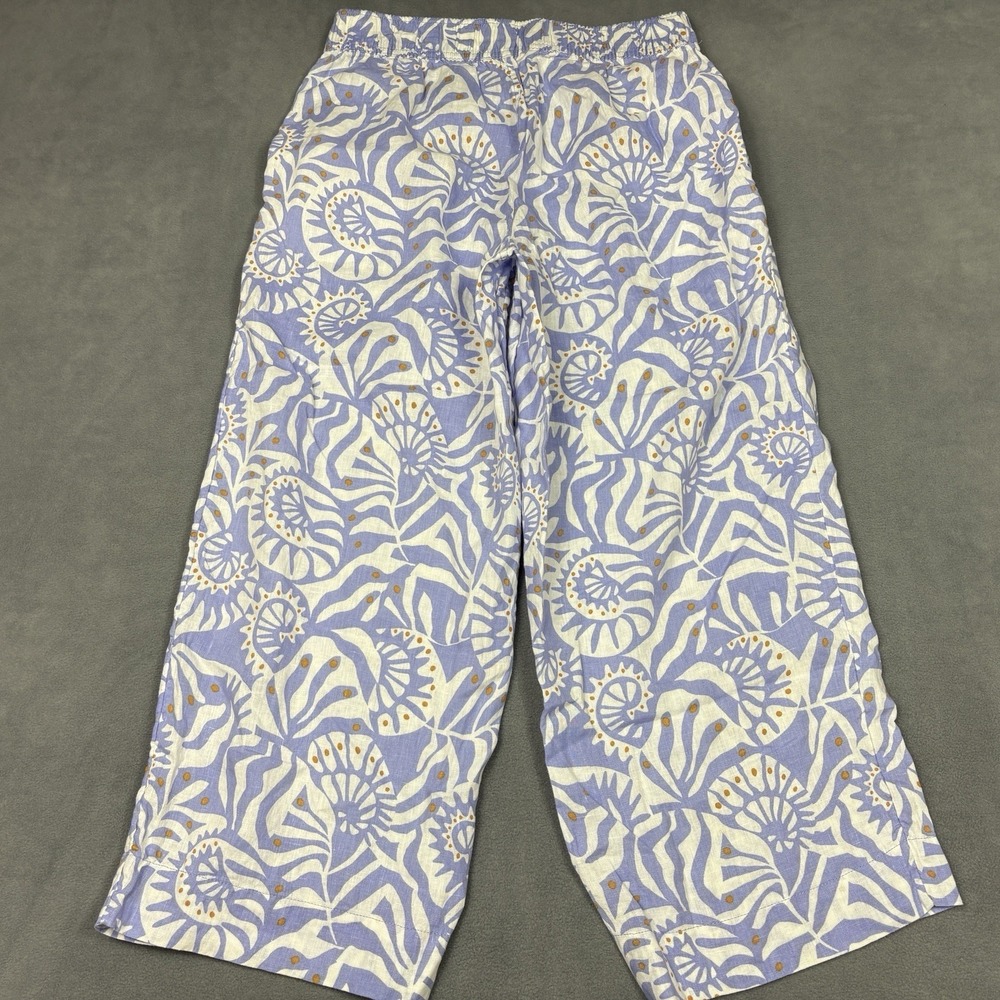 Nicole Miller Medium 100% Linen Crop Pants Blue White Floral Pull On Pockets - Picture 4 of 9